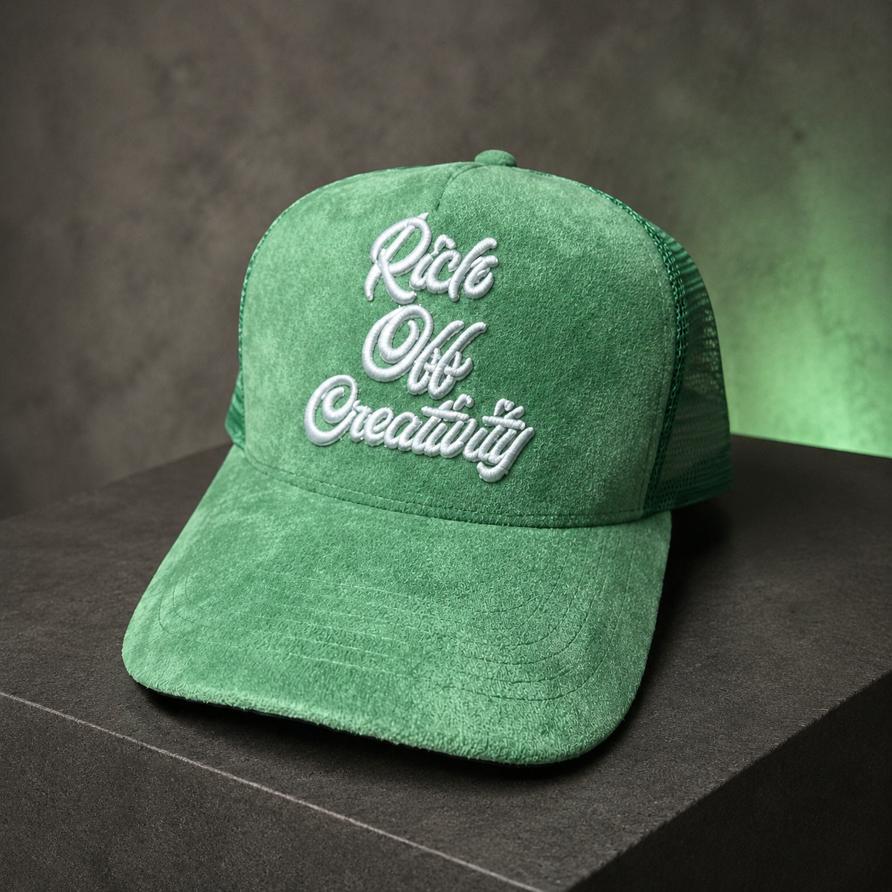 Green Rich Off Creativity suede-look mesh cap shown from the front